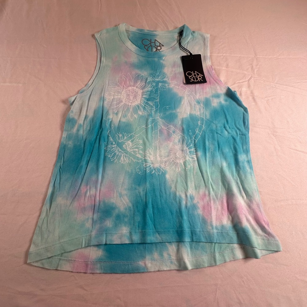 Chaser Women Beachside Tie Dye Sunflower Peace Sign Muscle Tank Top M CW7603 NEW